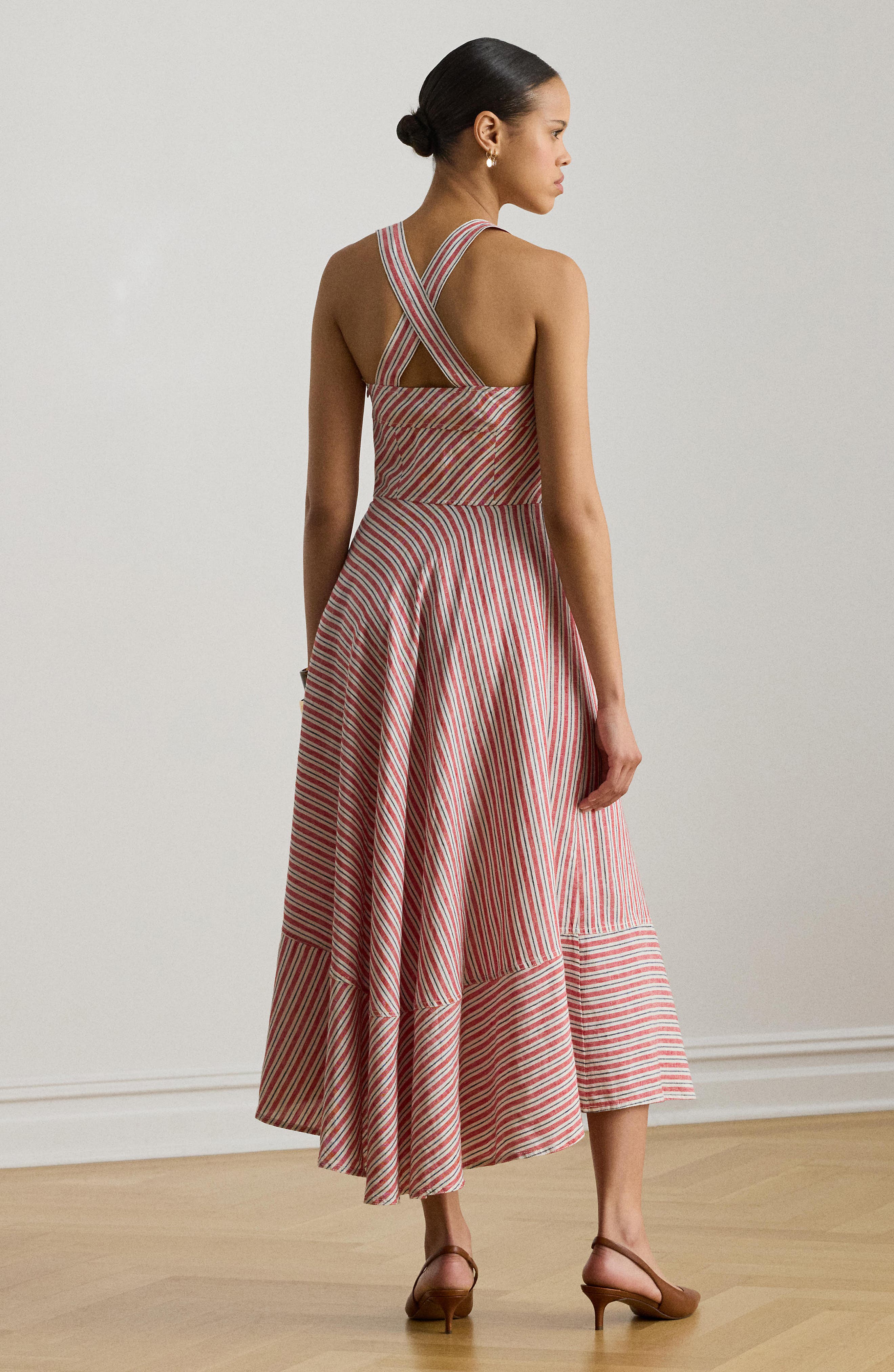linen stripe dress TIE FRONT LINEN BLEND DRESS Navy Stripe / XL