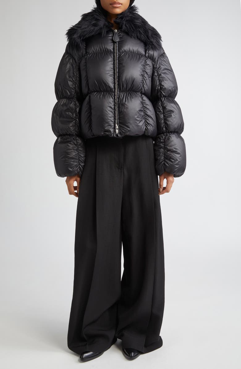 Jil Sander Short Quilted Blosuon Jacket with Deatachable Faux Fur Collar, Alternate, color, Black