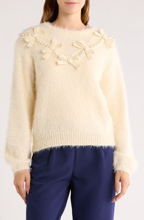 Faux Pearl & Bow Embellished Crewneck Sweater