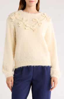 Faux Pearl & Bow Embellished Crewneck Sweater