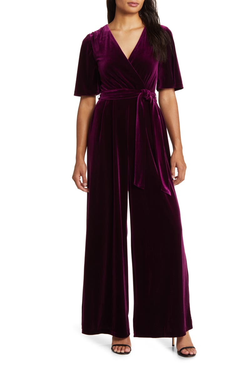 Wide Leg Faux Wrap Velvet Jumpsuit, Main, color, PLUM