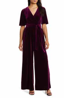 Wide Leg Faux Wrap Velvet Jumpsuit