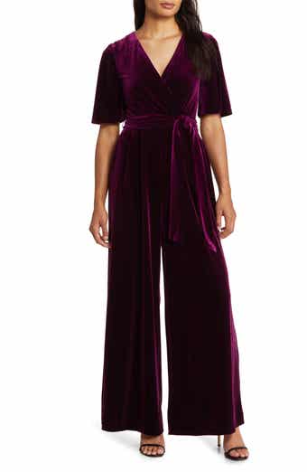 Wide Leg Faux Wrap Velvet Jumpsuit