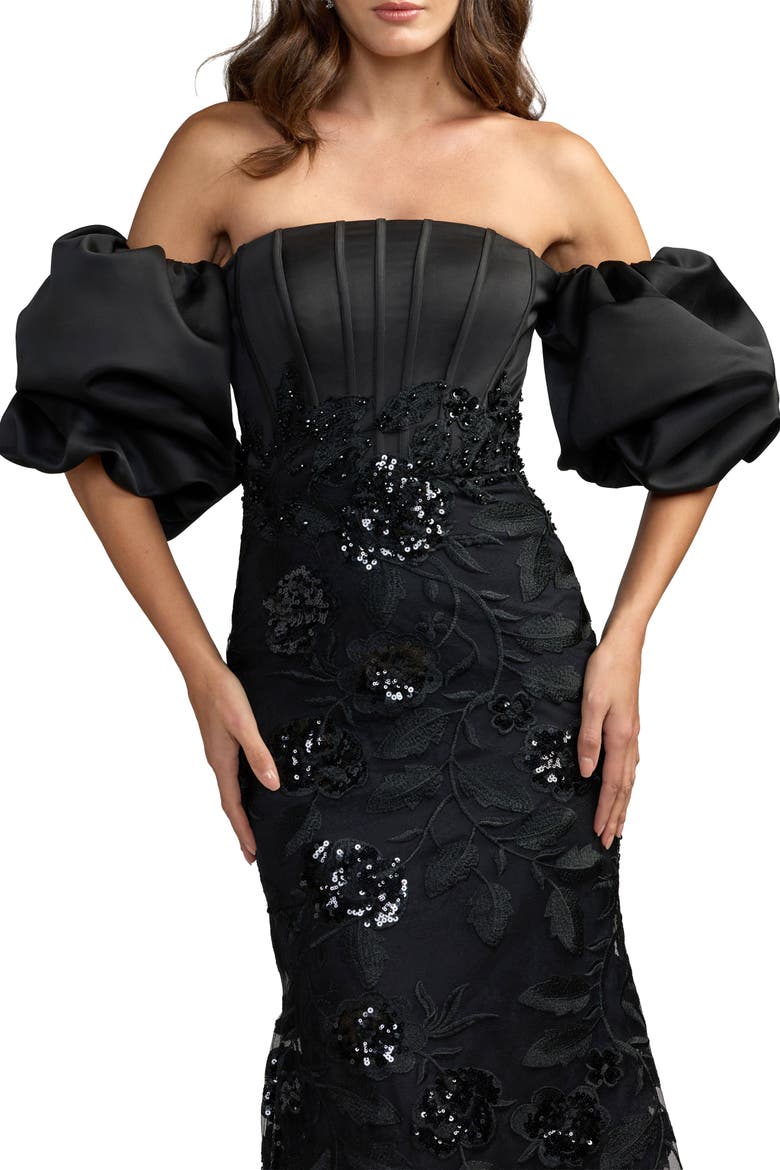 Satin Off The Shoulder Embroidered Mermaid Gown, Alternate, color, Black