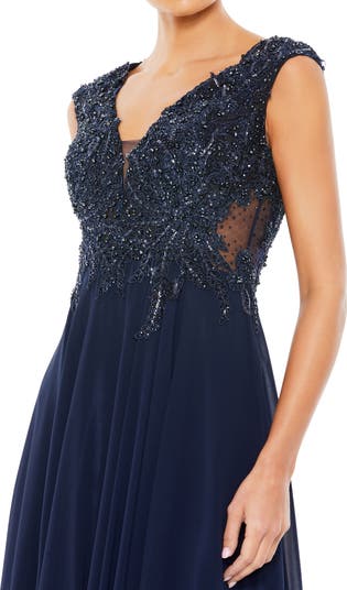 【MAC DUGGAL】装飾キャップスリーブボディスフローイガウン ピンク装飾キャップスリーブボディスフローウィーガウン - Mac