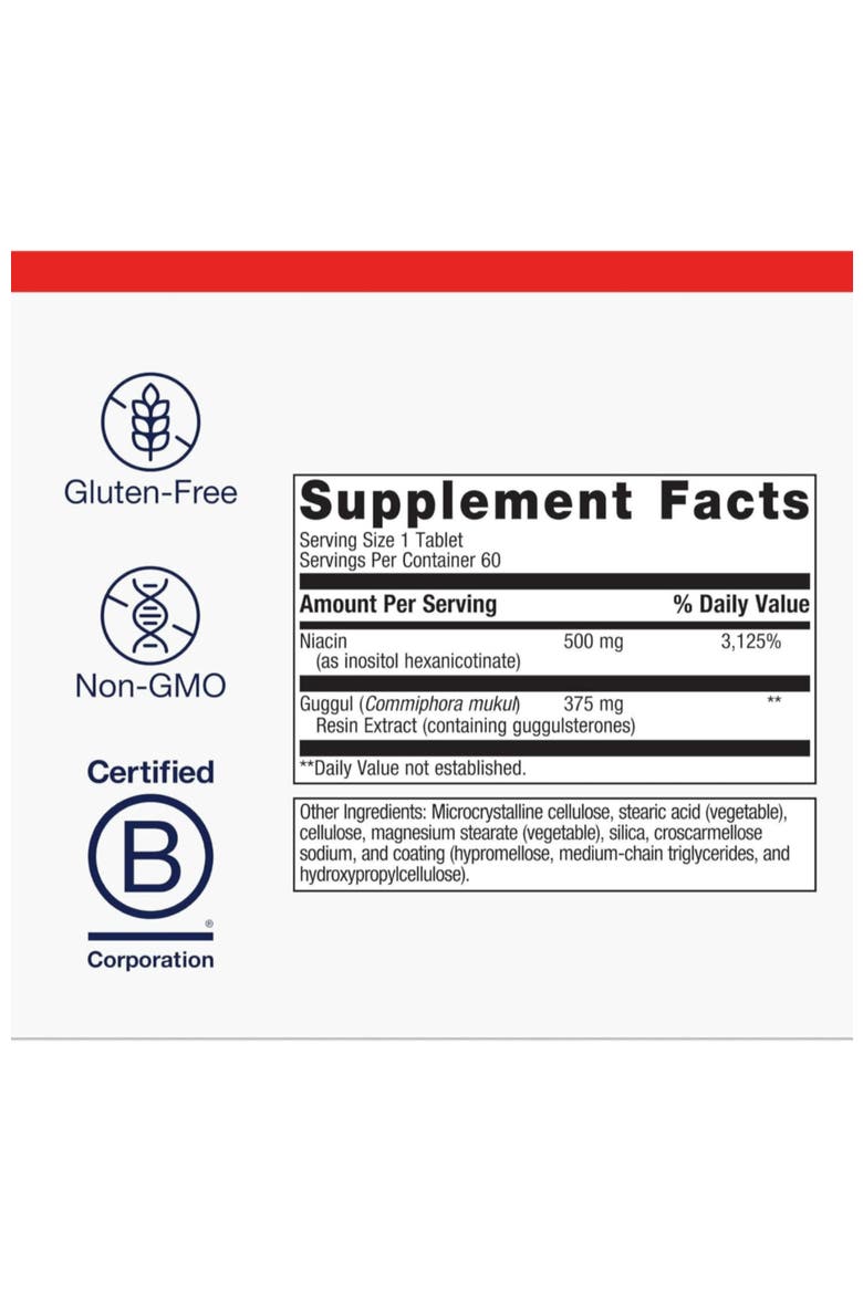 Lipotain Non-Flush Niacin Guggul Supplement 60 Tablets, Alternate, color, None