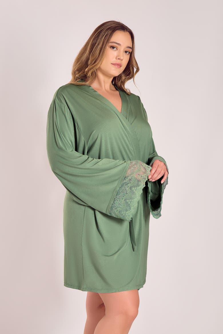 Lace-Trimmed Modal Robe with Adjustable Ties, Alternate, color, Green