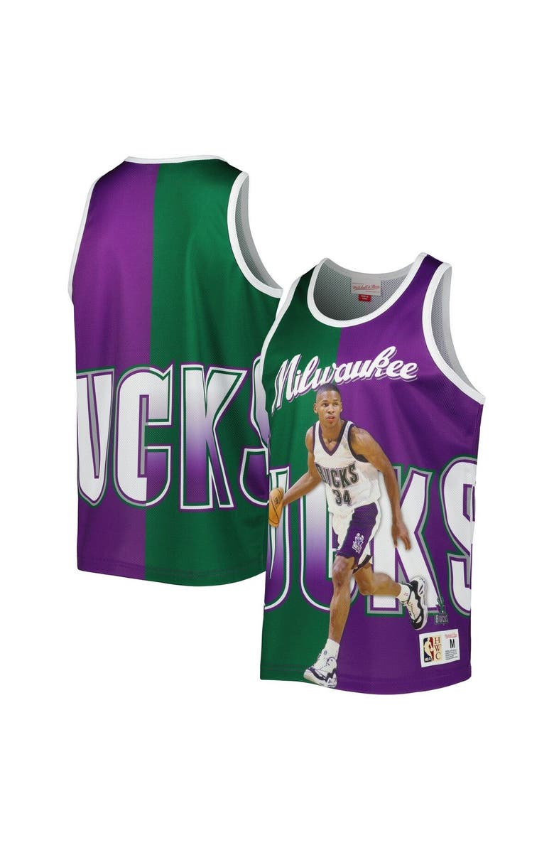 Mitchell & Ness Men's Mitchell & Ness Ray Allen Hunter Green/Purple Milwaukee Bucks Sublimated Player Tank Top, Main, color, 