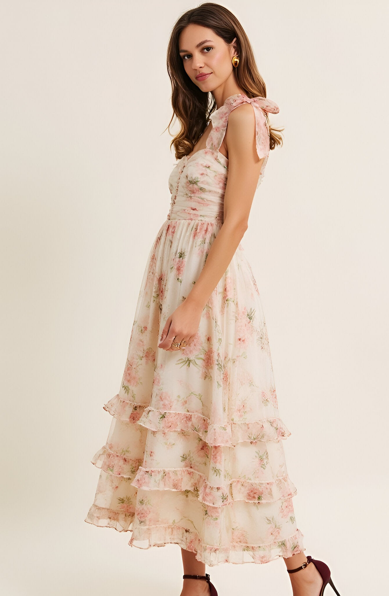 Modenaire Floral Tie-Shoulder Ruched Bodice Tiered Midi Dress, Alternate, color, Floral