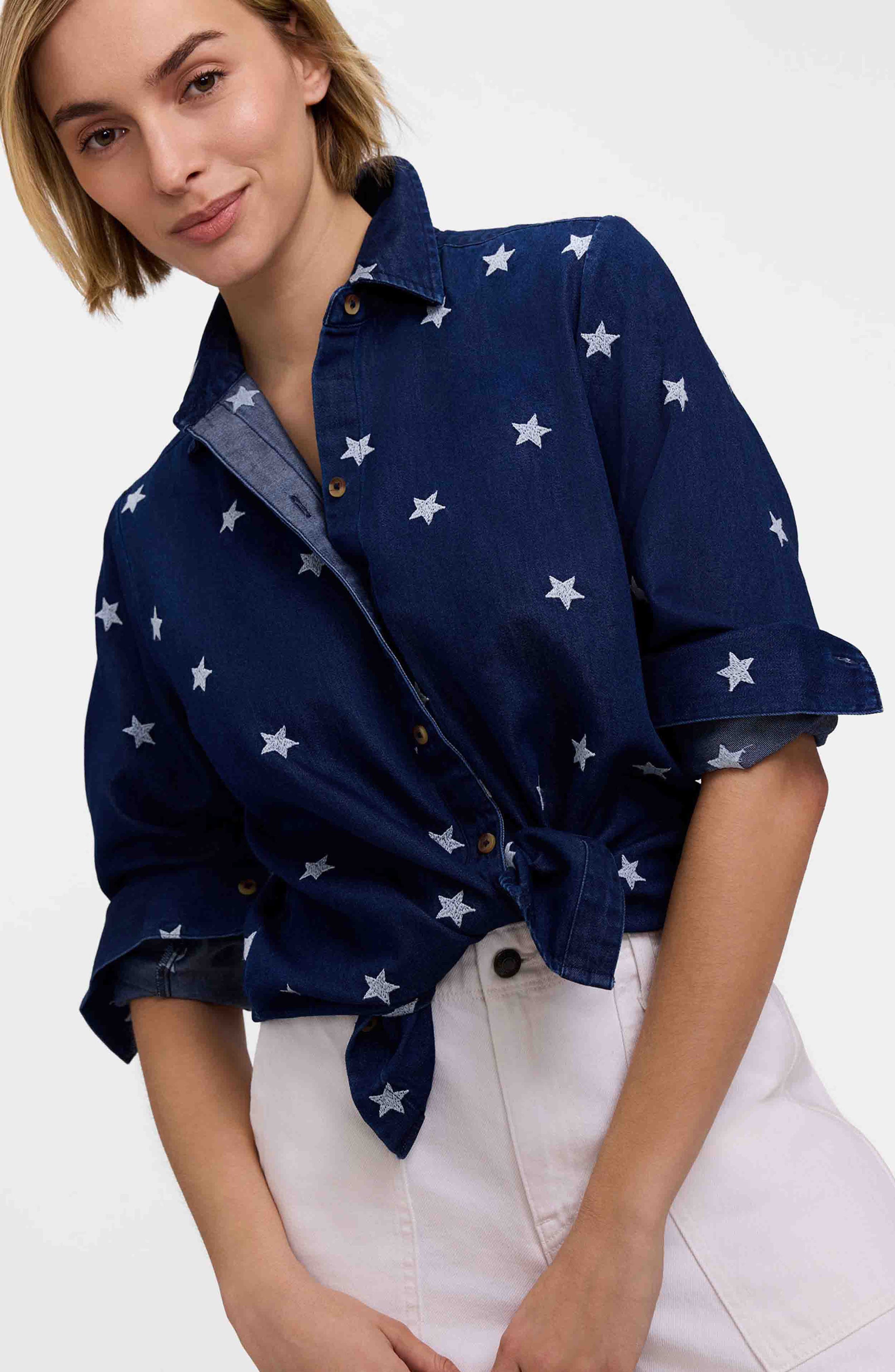 Foxcroft Meghan Star Embroidered Denim Button-Up Shirt (Women) | Nordstrom