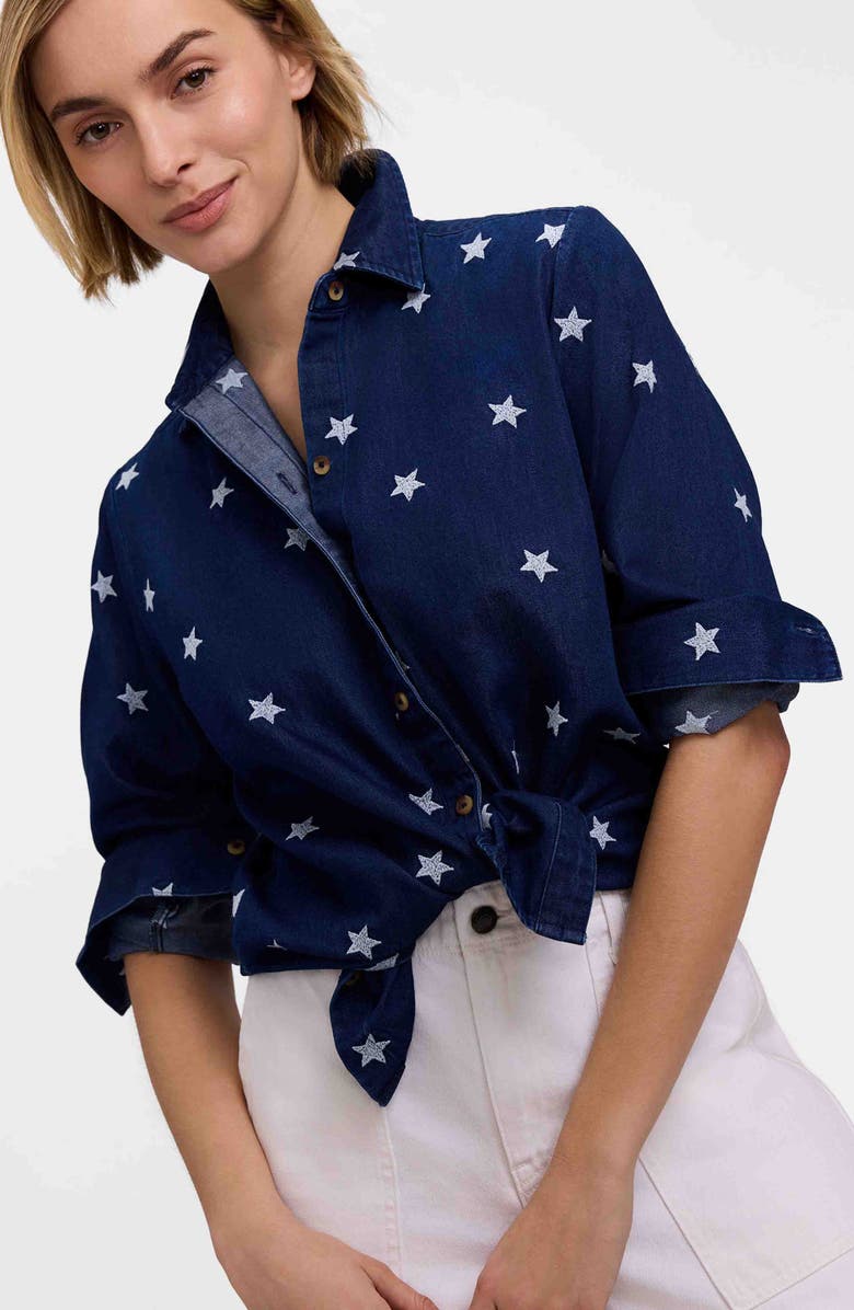 Foxcroft Meghan Star Embroidered Denim Button-Up Shirt, Alternate, color, Navy Blue/ Multi