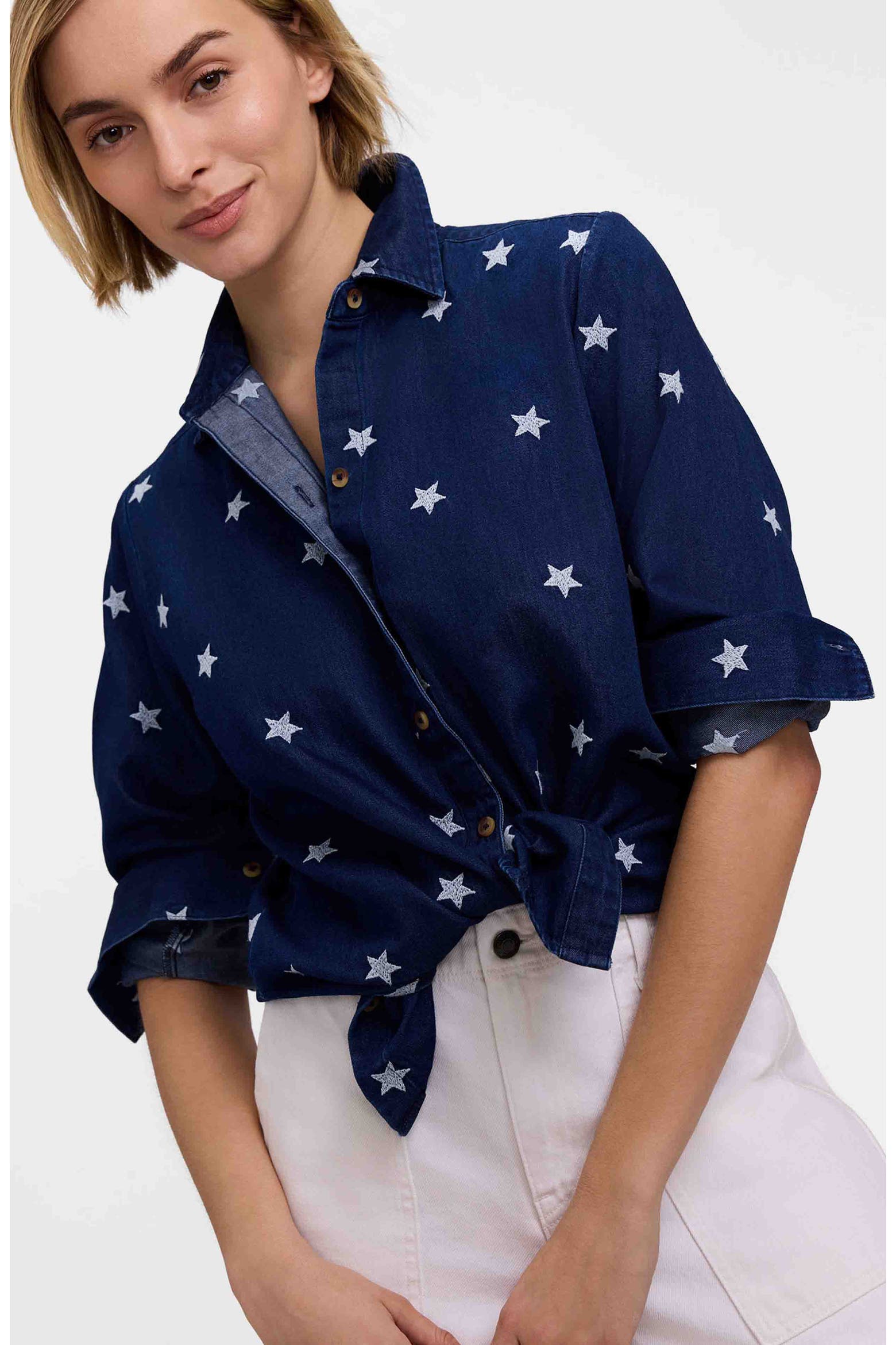 Card Color Button Foxcroft Meghan Star Embroidered Denim Button-Up Shirt (Women) | Nordstrom