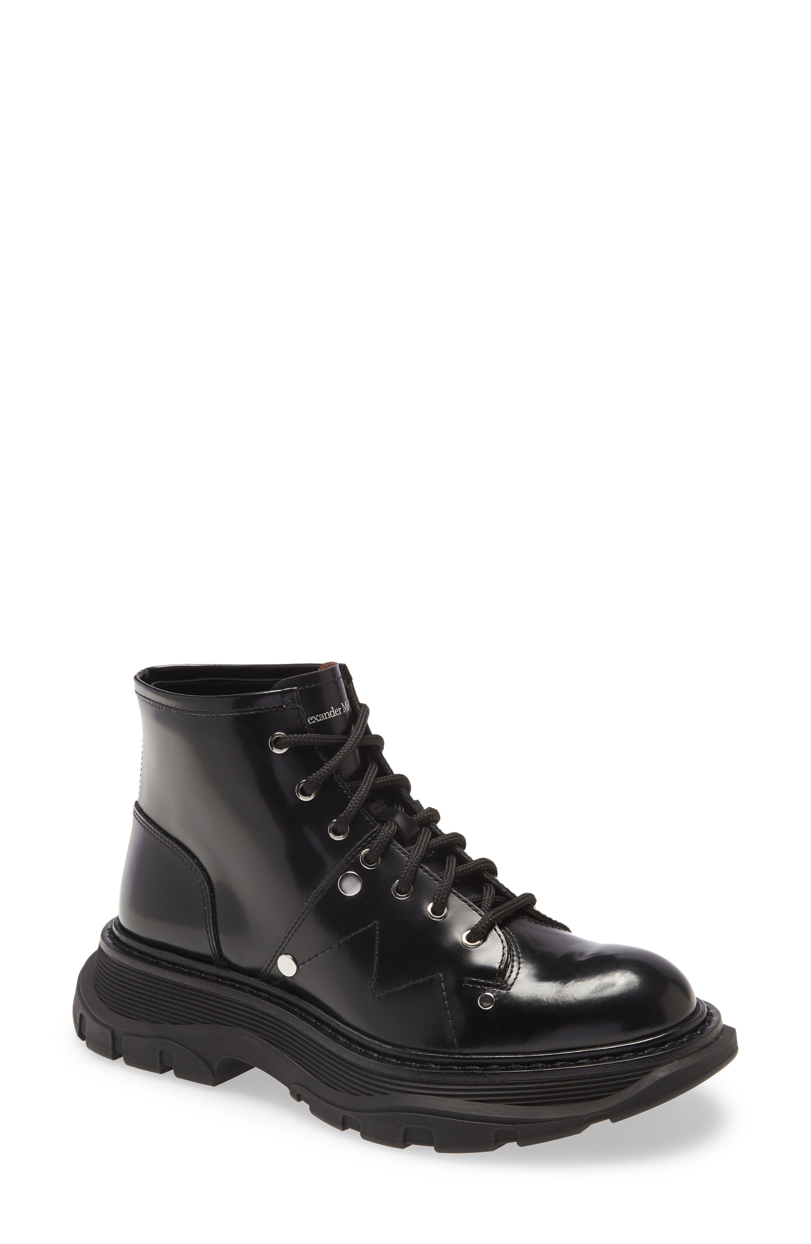 Alexander McQueen Lace-Up Lug Sole Hiker Boot, Main, color, BLACK SILVER