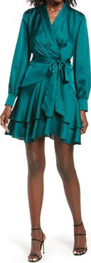 Ever New Mikayla Long Sleeve Satin Wrap Minidress