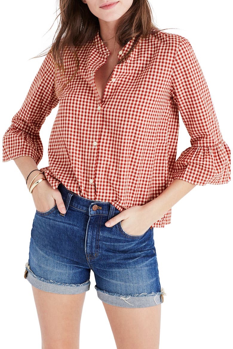 Gingham Bell Sleeve Shirt, Main, color, CRIMSON