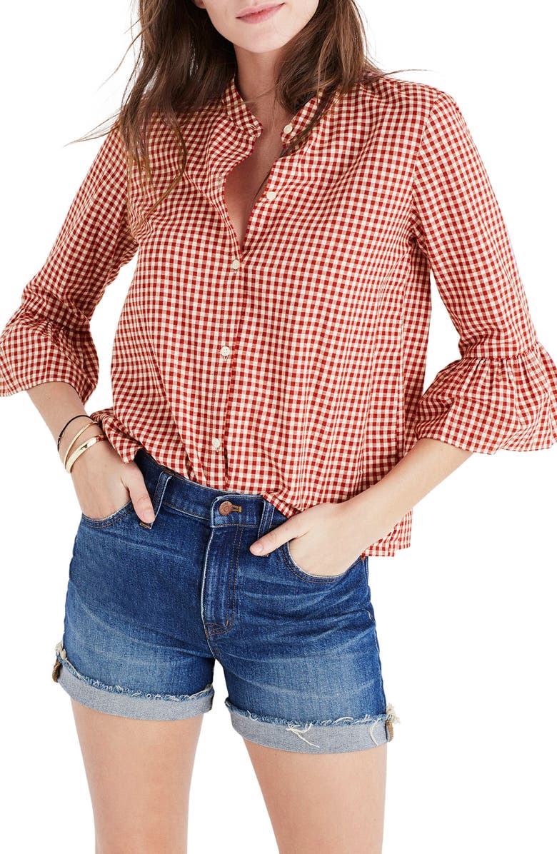 Madewell Gingham Bell Sleeve Shirt, Main, color, 