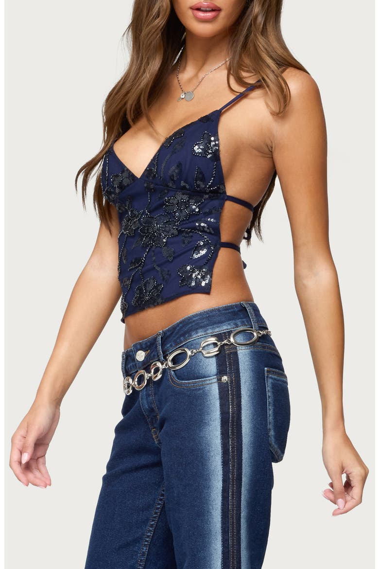 Pia Sequin Flower Open Back Camisole, Alternate, color, NAVY