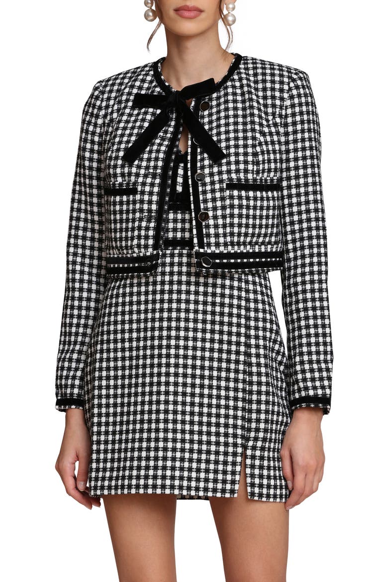 Tweed Bow Crop Jacket, Alternate, color, WHITE-BLACK