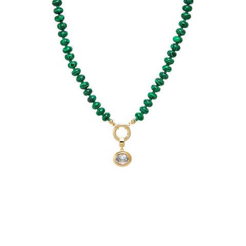 Colored Natural Stone Beaded /CZ Oval Bezel Charm Necklace