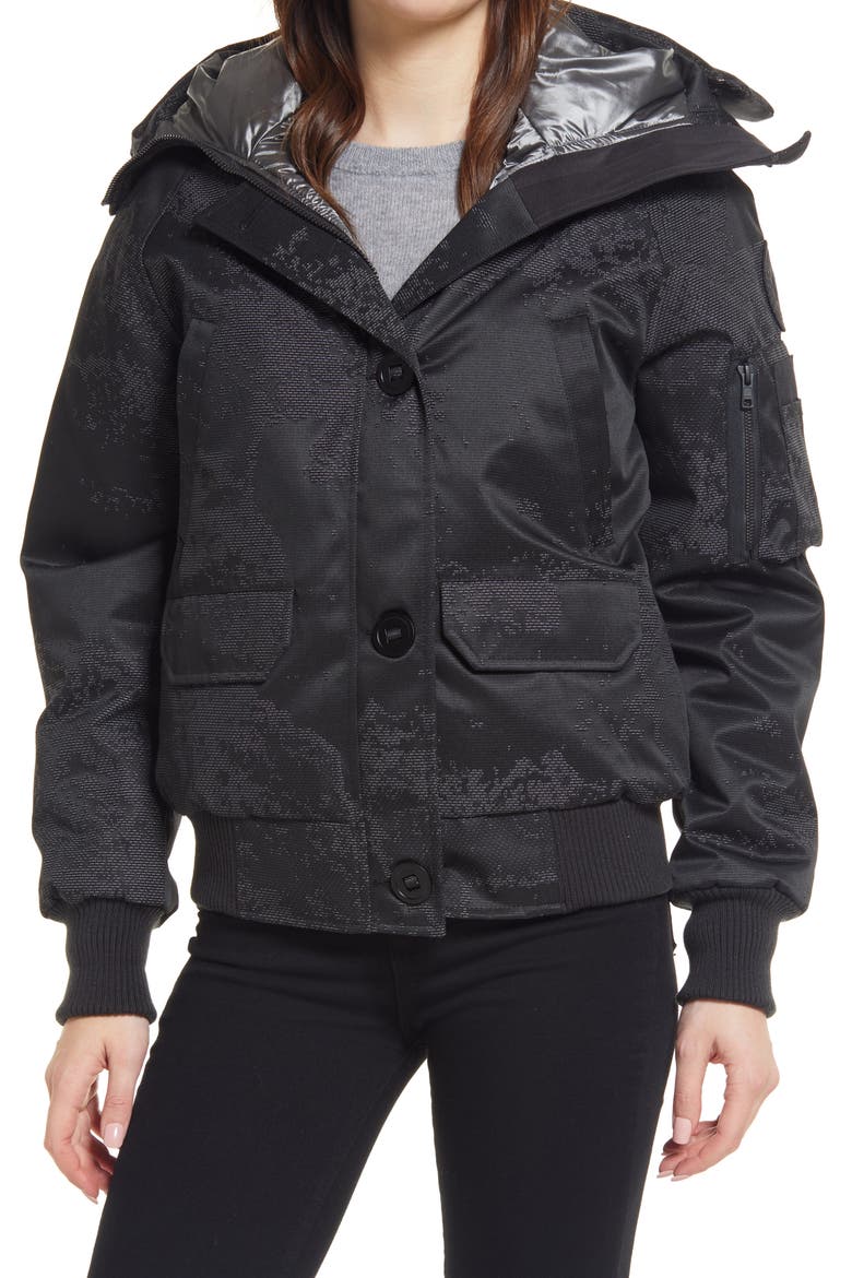 Chilliwack Holiday 625 Fill Power Down Hooded Bomber Jacket, Alternate, color, DRFTNG ICE BLK RFL