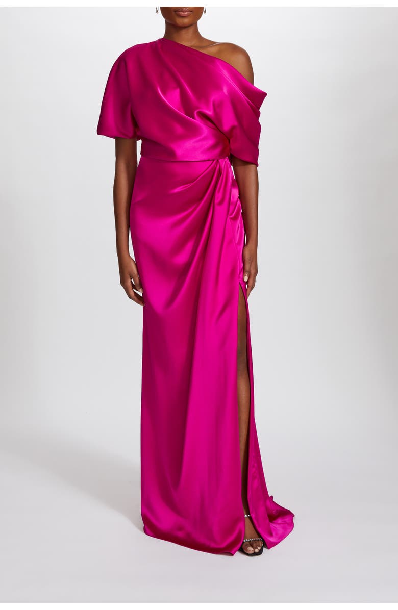 Amsale Fluid Satin Off-the-Shoulder Gown, Main, color, Fuchsia