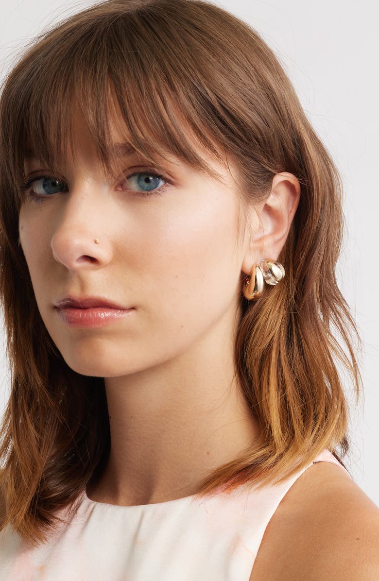 Open Edit Set of 2 Huggie Earrings, Alternate, color, Clear- Gold