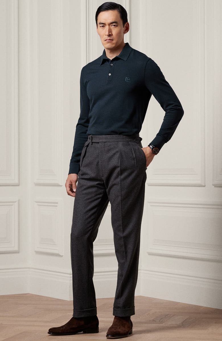 Ralph Lauren Purple Label Pleated Charcoal Grey Wool Flannel Trousers, Alternate, color, Dark Grey