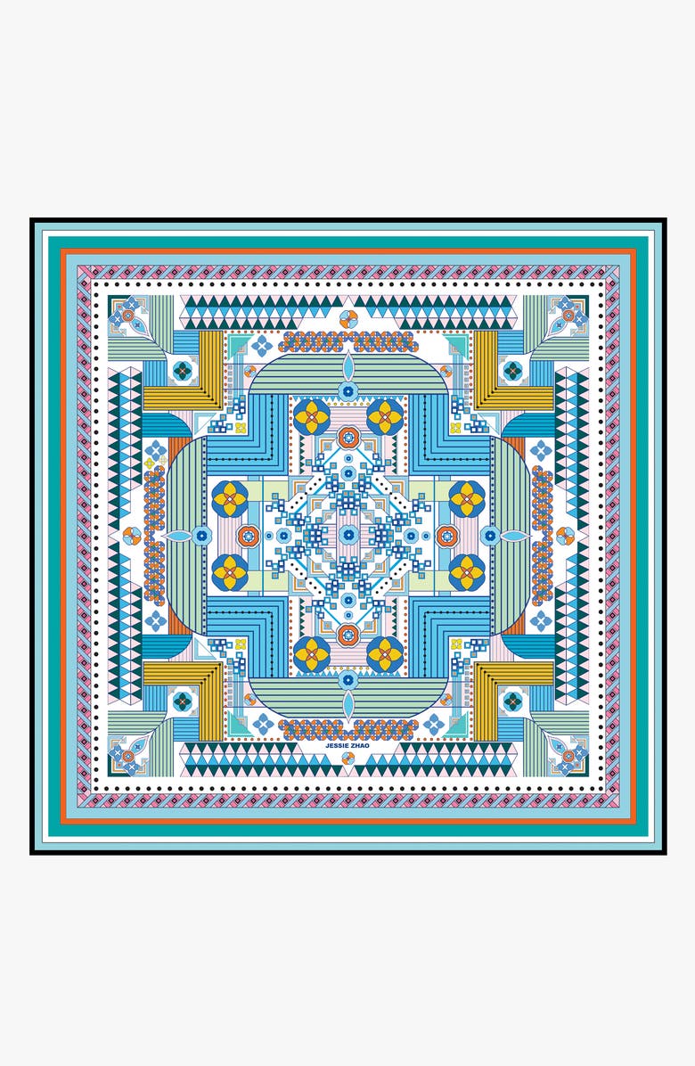 Jessie Zhao New York Silk Scarf Of Reconstruction With Shapes In Blue, Main, color, Blue