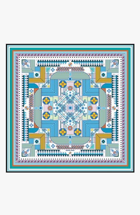 Silk Scarf Of Reconstruction With Shapes In Blue
