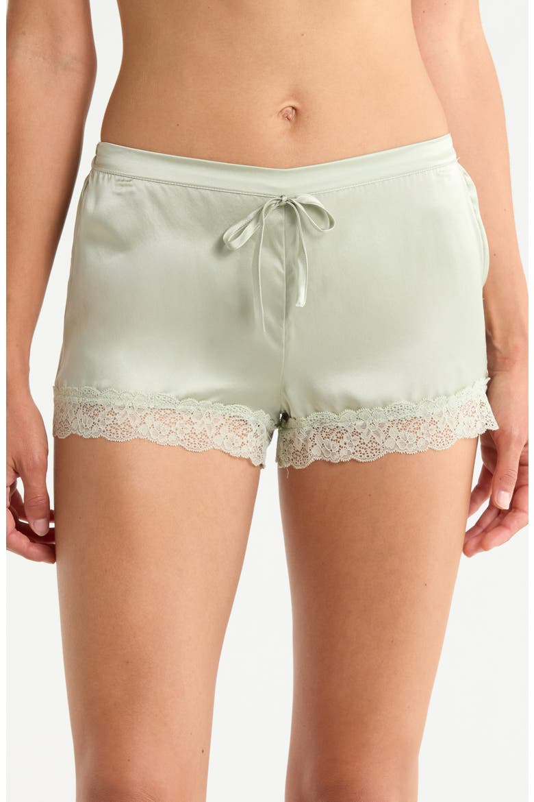 Milky Lace Trim Washable Silk Satin Pajama Shorts, Main, color, BLEACH