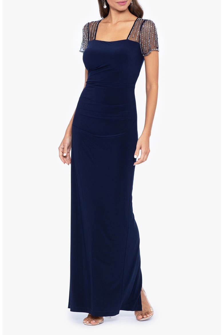 Faraj Rhinestone Sleeve Detail Column Gown, Alternate, color, NAVY/ SILVER