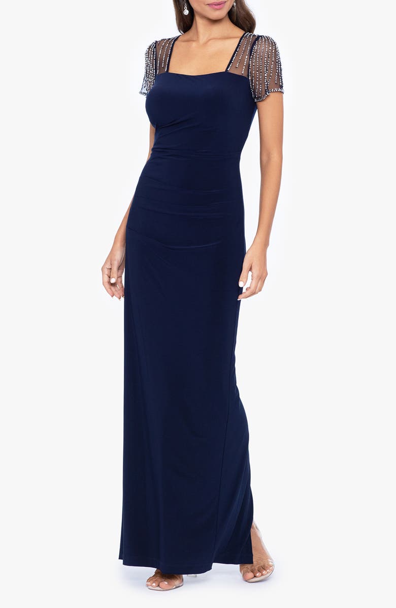 Betsy & Adam Faraj Rhinestone Sleeve Detail Column Gown, Alternate, color, 