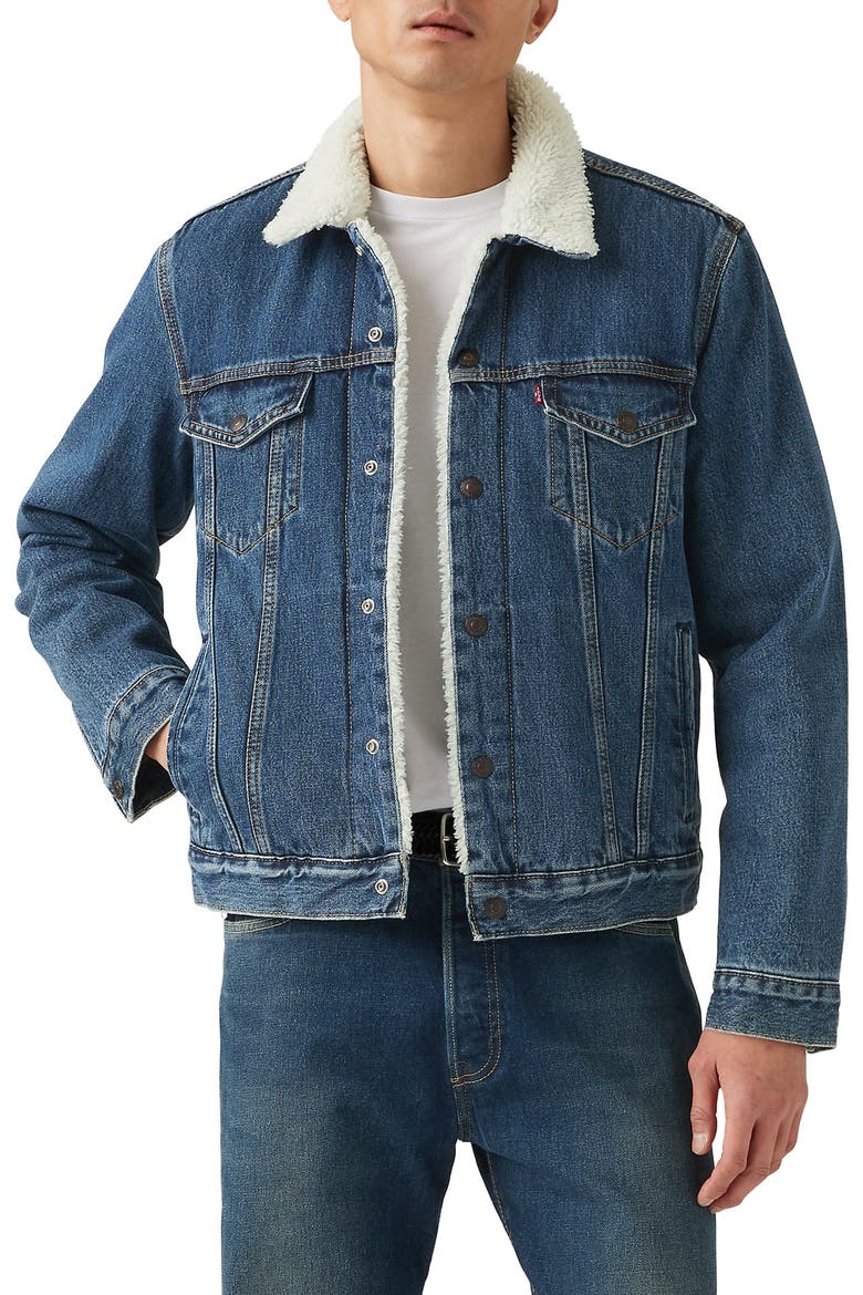 Type III Faux Shearling Lined Denim Trucker Jacket, Main, color, DARK STONEWASH SHERPA