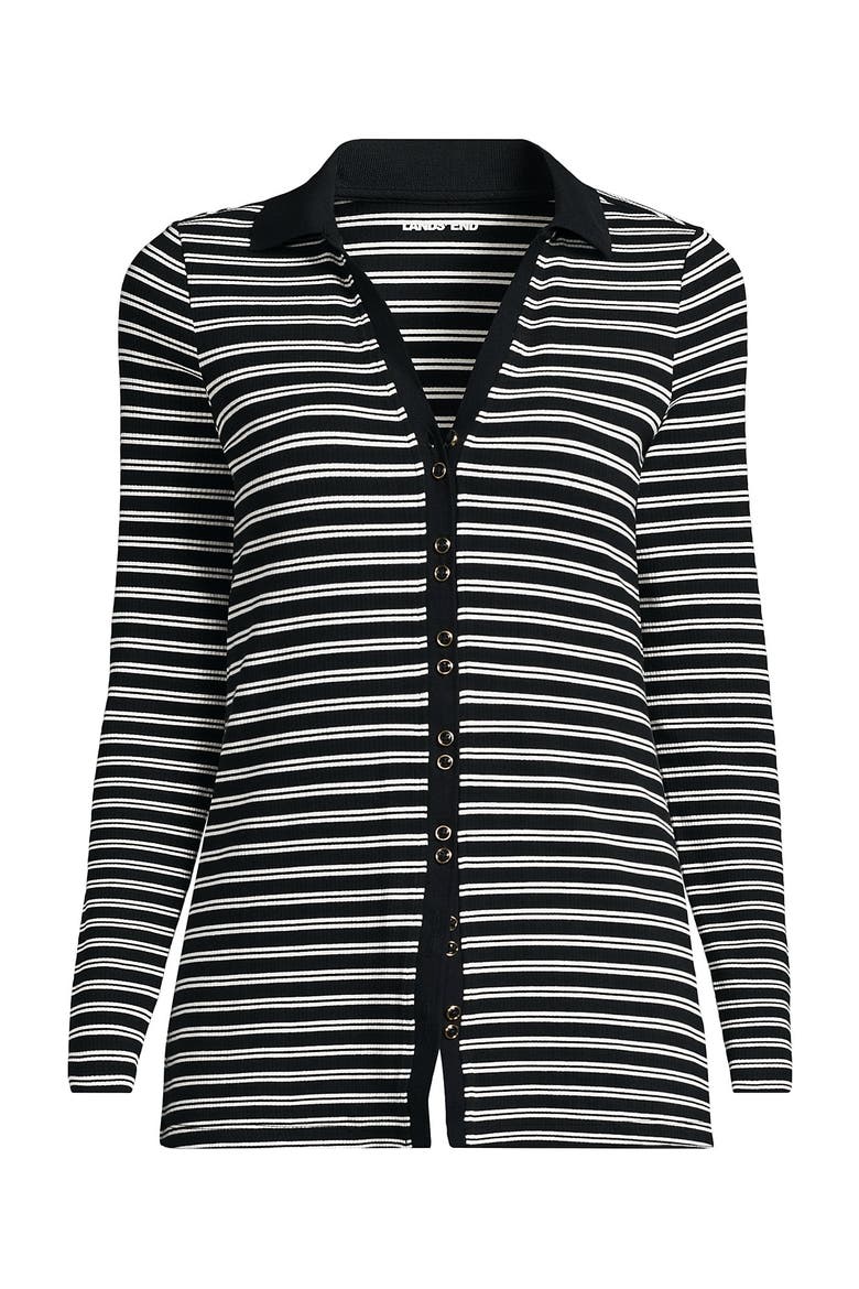 Plus Size Long Sleeve Polished Rib Button Through Tunic Shirt, Alternate, color, Ivory/Black Dual Stripe