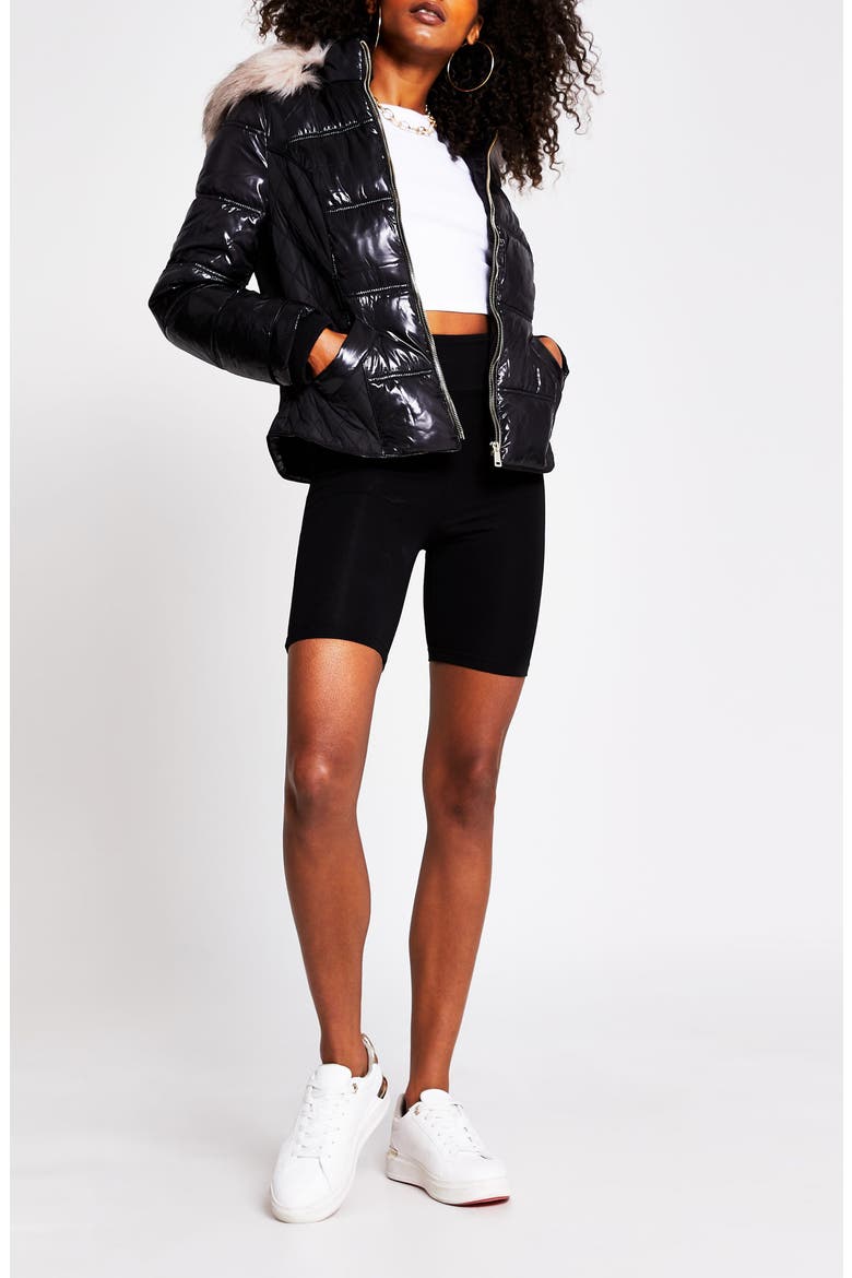 Hooded Puffer Jacket with Faux Fur Trim, Alternate, color, BLACK