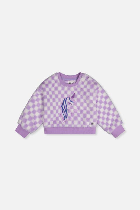 Checkered Embroidered Faux Fur Top