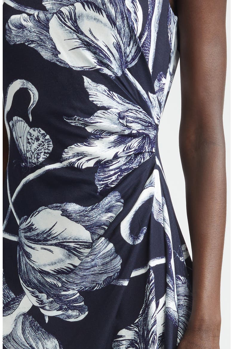 Floral Print Draped Jersey Midi Dress, Alternate, color, BOTANICAL ENGRAVING MIDNIGHT
