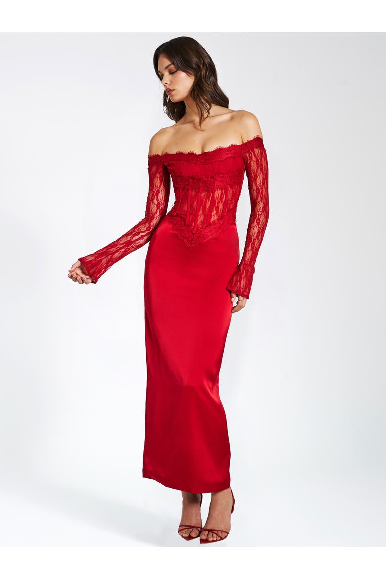 Nessa Lace Satin Corset Maxi Dress, Alternate, color, Dark red