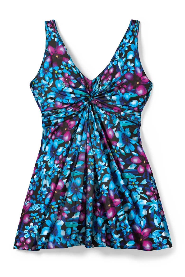 Twist-Front V-Neck Tummy Control A-Line Swim Dress, Alternate, color, PURPLE MULTI FLORAL