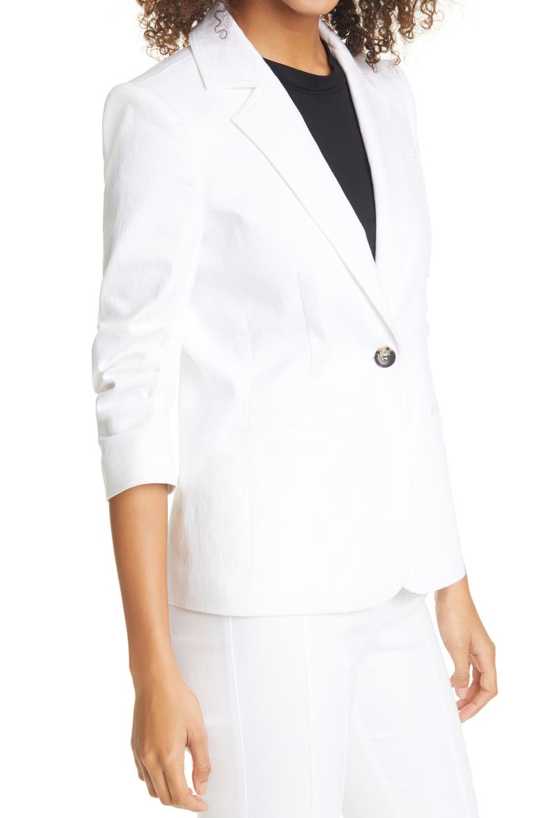 Khloe Ruched Sleeve Denim Blazer, Alternate, color, WHITE