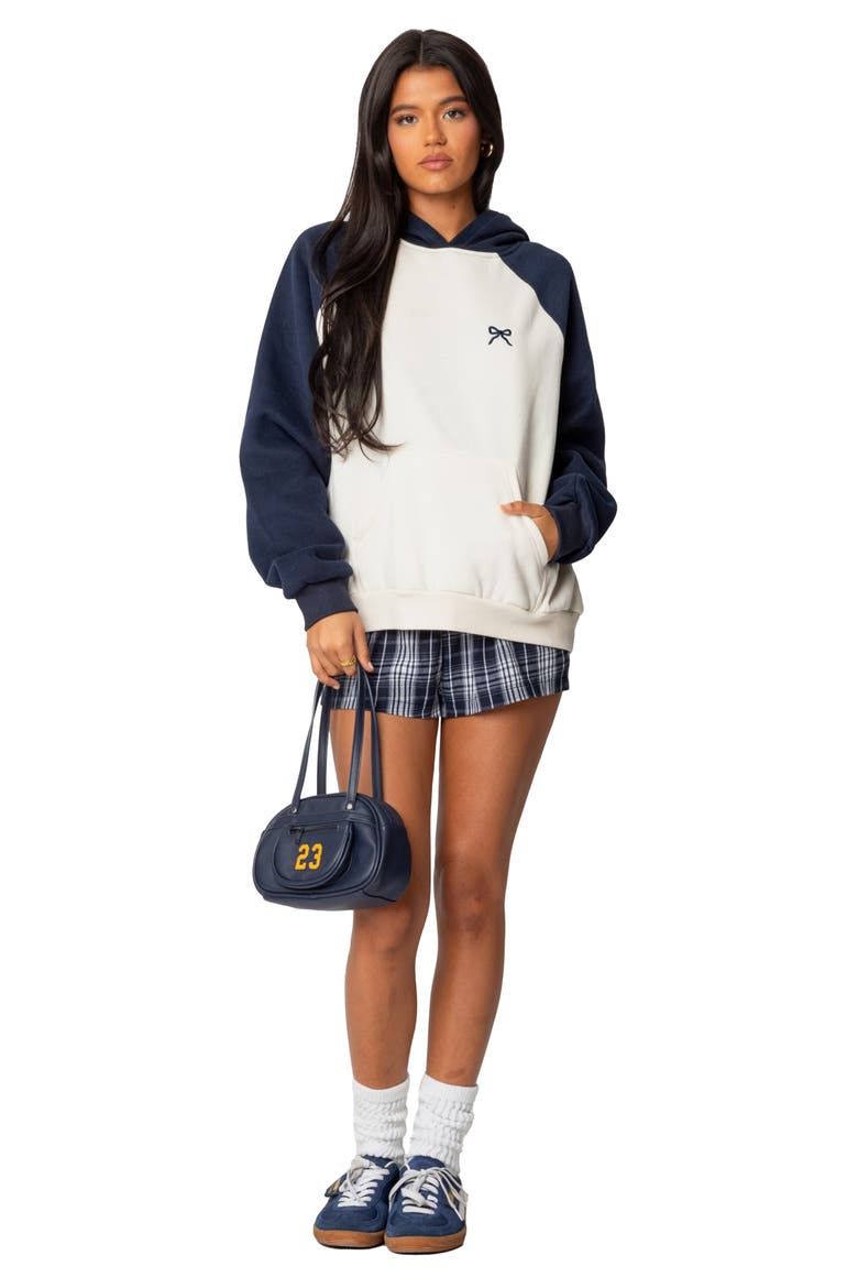 Bow Embroidery Oversize Colorblock Hoodie, Alternate, color, NAVY-AND-CREAM