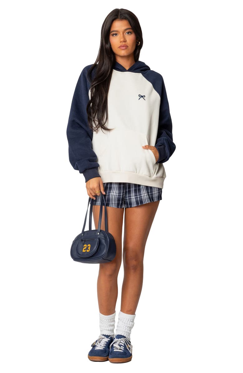 EDIKTED Bow Embroidery Oversize Colorblock Hoodie, Alternate, color, Navy-And-Cream