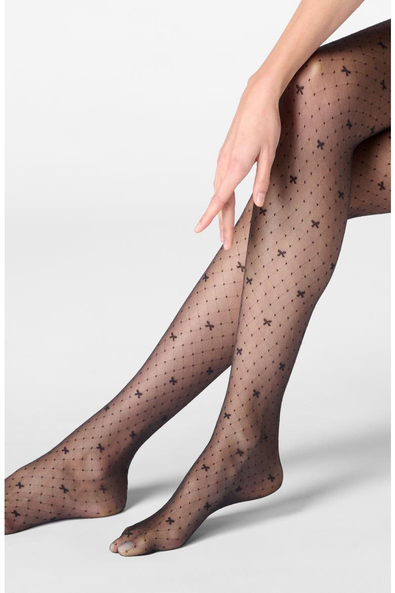 Graceful Bow Sheer Tights, Alternate, color, BLACK