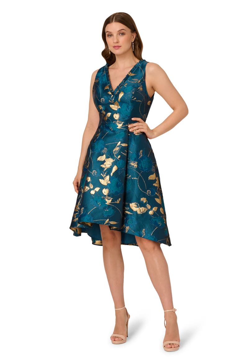 Metallic Jacquard Fit & Flare Cocktail Dress, Alternate, color, TEAL SAPPHIRE/ GOLD
