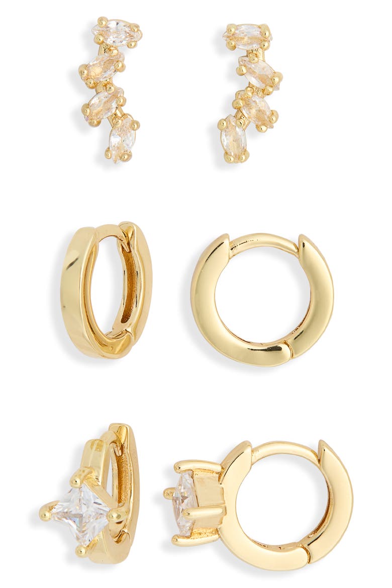 Set of 3 Cubic Zirconia Ear Crawler & Huggie Hoop Earrings, Main, color, CLEAR- GOLD