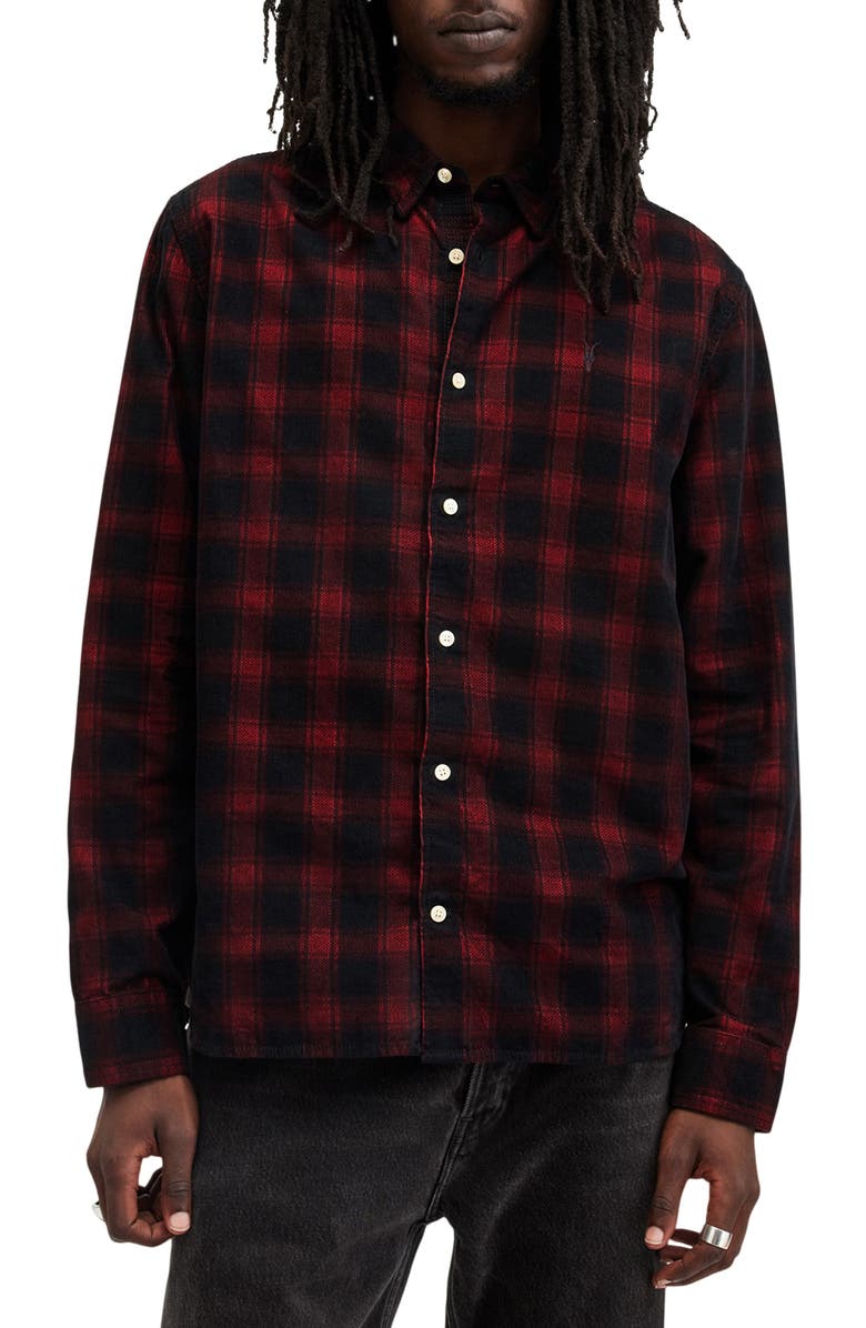 AllSaints Manray Plaid Cotton Corduroy Button-Up Shirt, Main, color, Machine Blue/Red