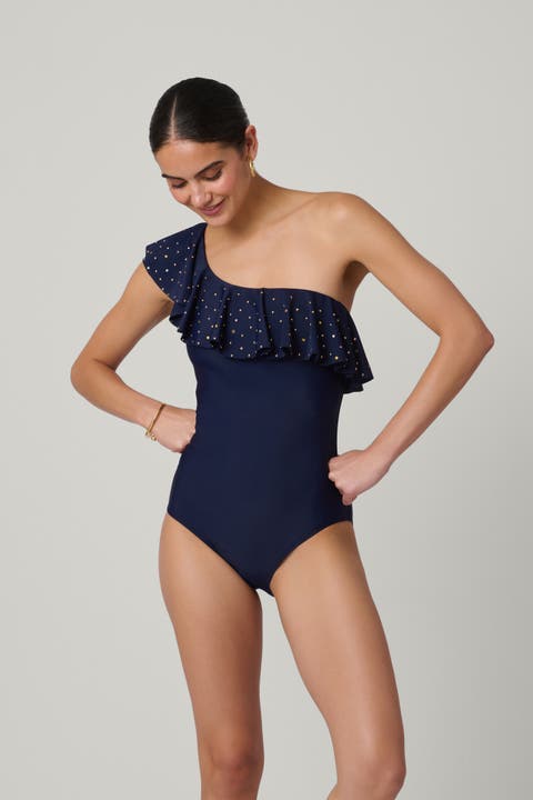 Embellished One Shoulder Ruffle One Piece