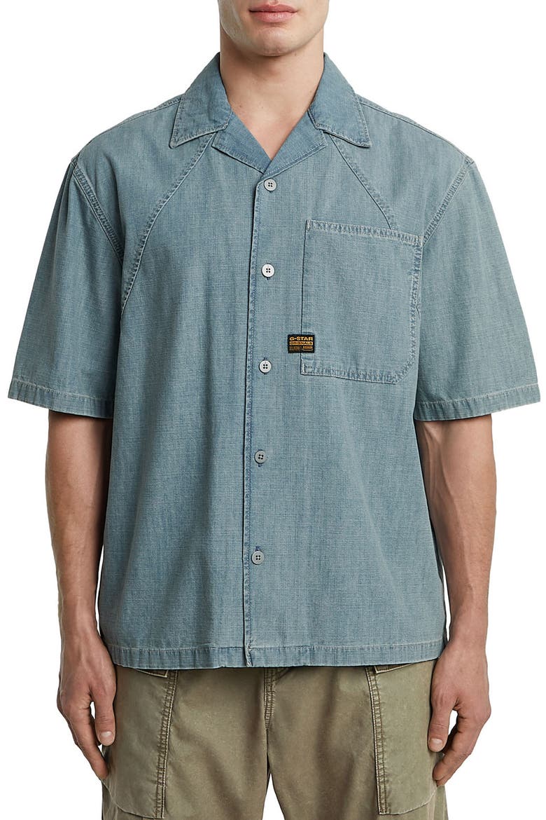 Track Relaxed Fit Organic Cotton Camp Shirt, Main, color, FADED BREEZE