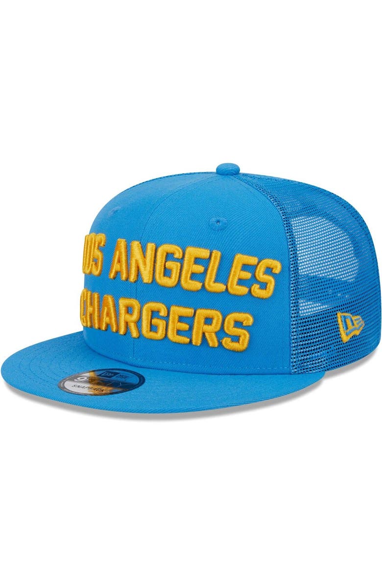 New Era Men's New Era Powder Blue Los Angeles Chargers Stacked Trucker 9FIFTY Snapback Hat, Alternate, color,