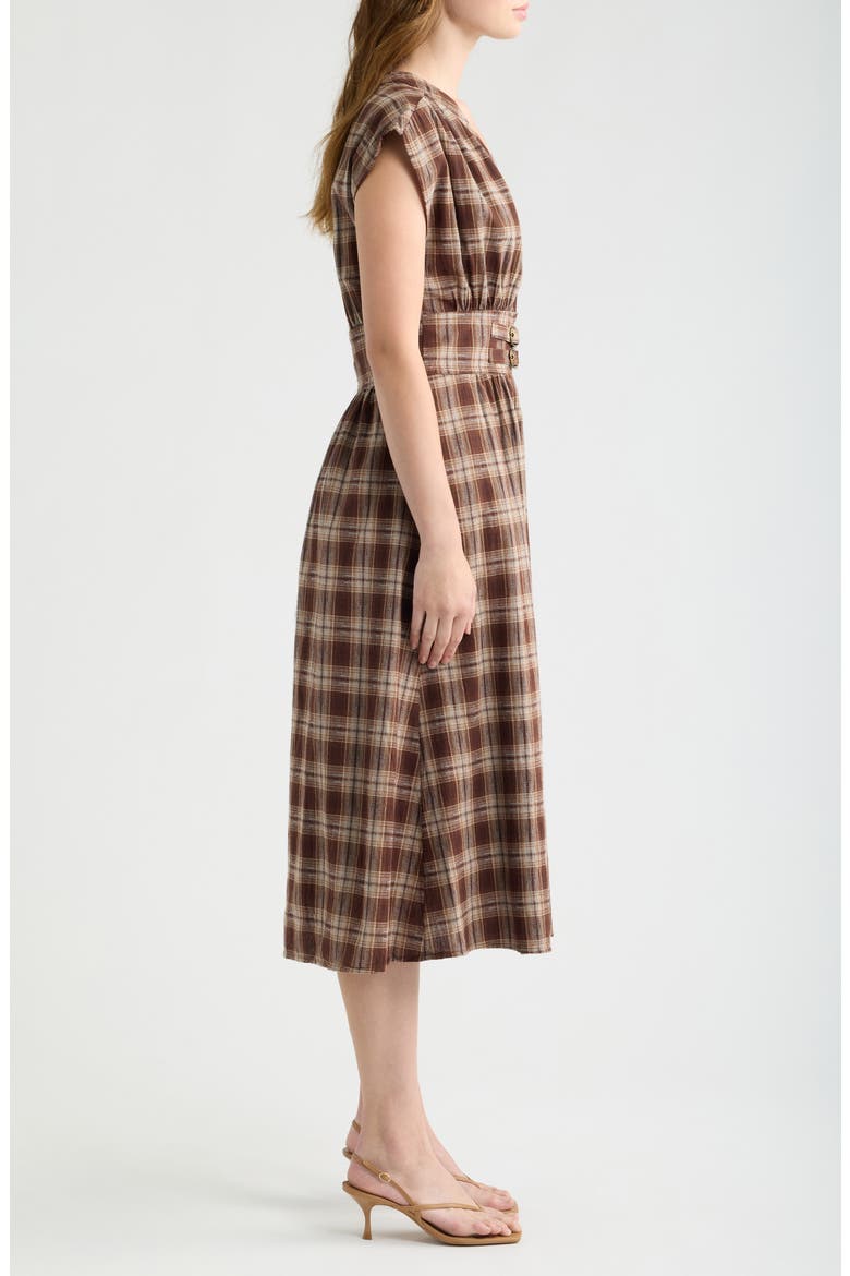Elton Plaid Cotton Midi Dress, Alternate, color, BROWN CHECKS